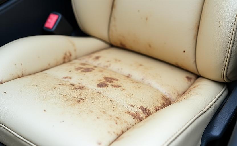 A stained and dirty cream-colored leather car seat.