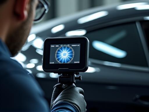 A technician inspecting car paint with a handheld digital microscope.