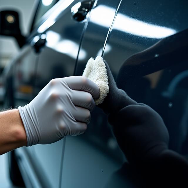 A detailing expert applying ceramic coating to a car door with precision.
